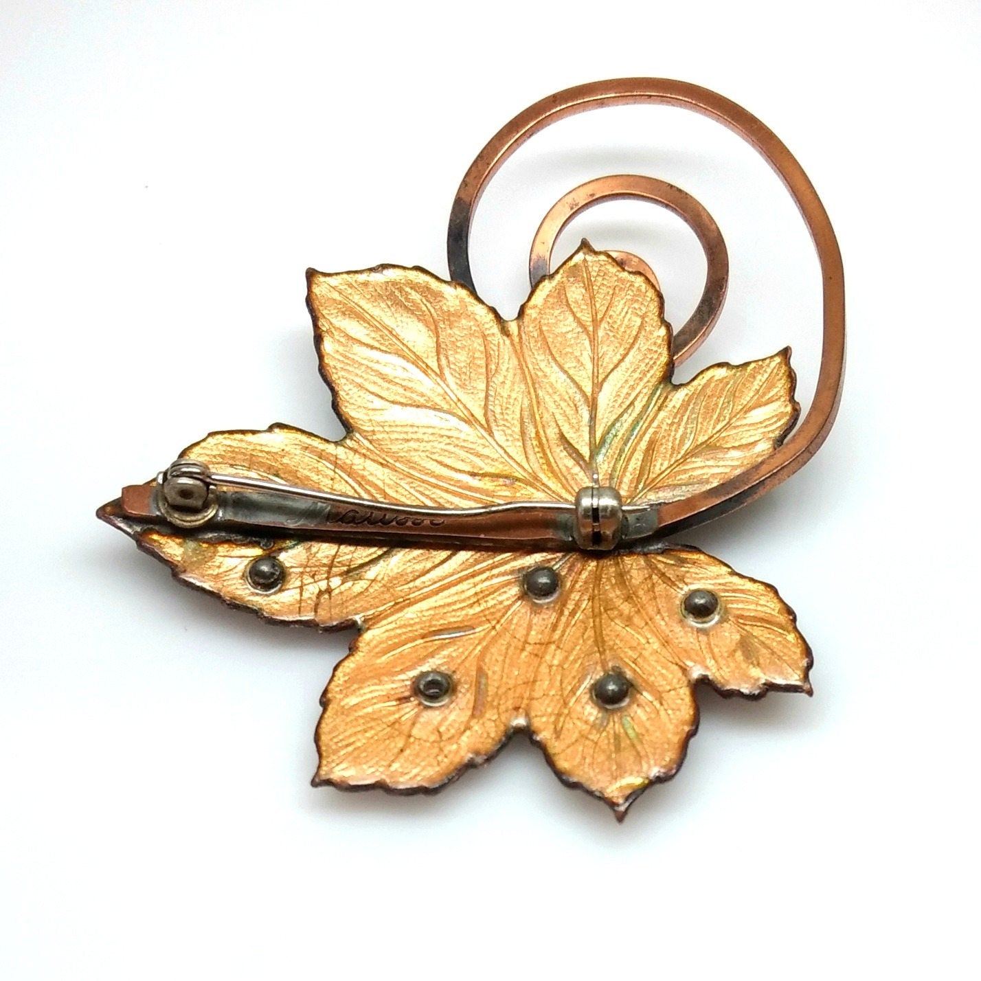 Vintage 1960s MATISSE  Enamel and Copper Mid Century Leaf Brooch - 60s Signed Red and Black Enamel, Copper Modernist Fall Leaf Brooch