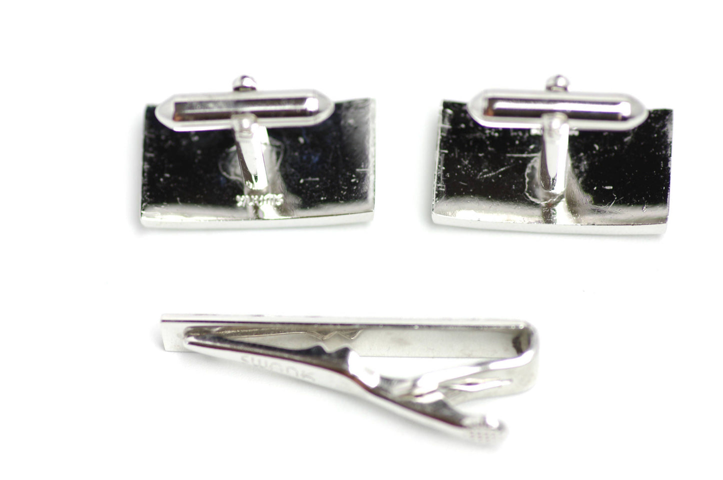 Vintage Silver Cufflinks and Tie Clip - 1960s SWANK Rectangular Cuff Links - Unisex Faceted Silver Tone Cufflinks and Tie Clip Set