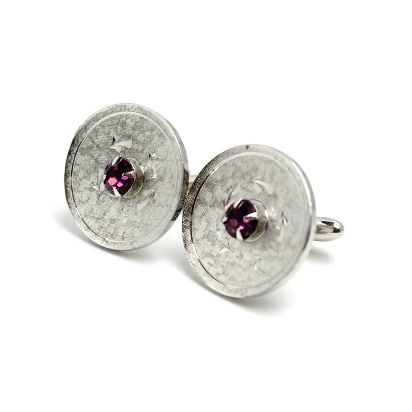 Vintage 1960s Purple Faceted Glass and Silver Tone Circular Etched Cuff Links - 60s Purple Silver Cufflinks - Fathers Day Gift