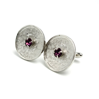 Vintage 1960s Purple Faceted Glass and Silver Tone Circular Etched Cufflinks
