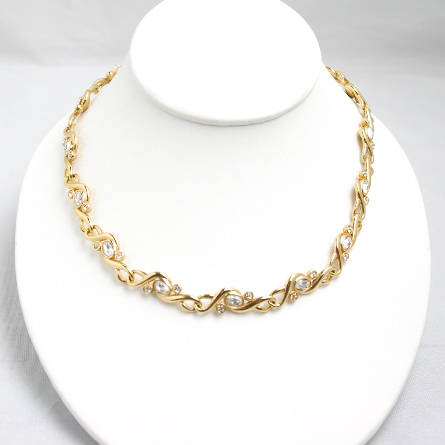 Vintage 1980s Rhinestone and Yellow Gold Tone Metal Necklace - 80s Costume Clear Rhinestone 16" Necklace - Costume Prom Necklace