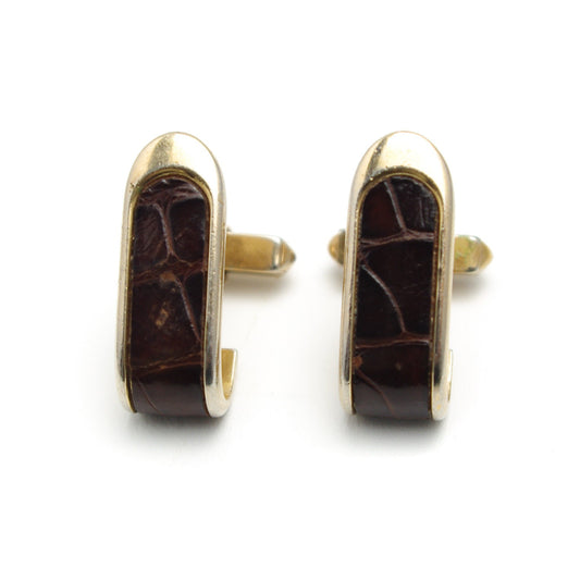 Vintage Swank Brown Leather Cufflings -  1960s Designer Brown and Gold Tone Metal Unisex Cufflinks - Vegan Leather Alligator Cufflinks