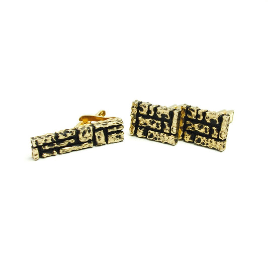 Vintage Cuff Link and Tie Clip Set - Unisex 1980s Gold Tone Textured Rough Cuff Link and Tie Clip - Suit and Tie Accessories Gold