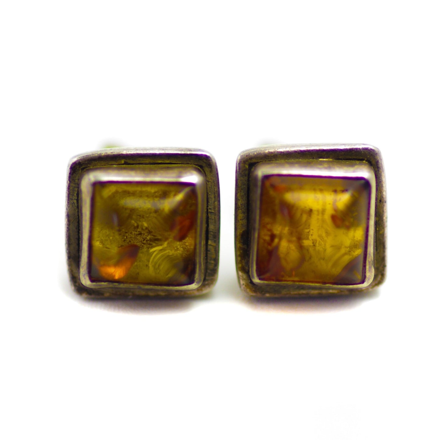 Vintage 1980s Amber and Sterling Silver Small Stud Earrings - Orange Amber, Silver Square Stud Pierced Earrings