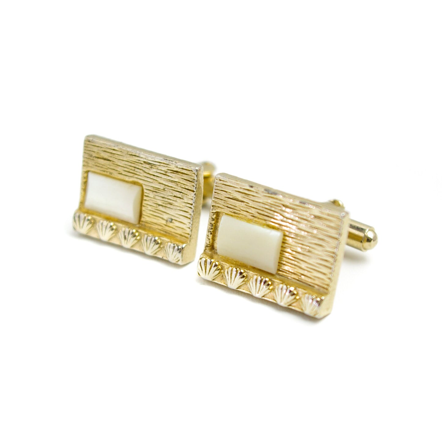 Vintage 1980s Mother of Pearl and Gold Tone Metal Shell Rectangle Cufflinks - 80 Gold White Shell Unisex Cufflinks - Fathers Day Gift