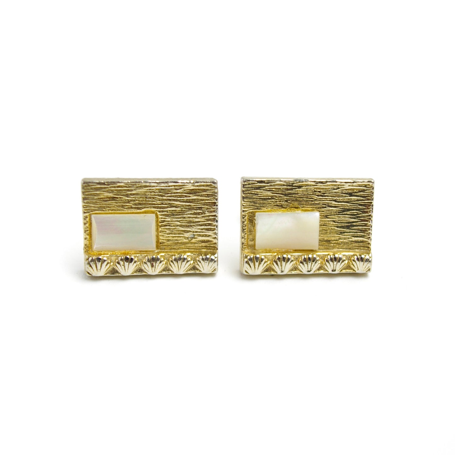 Vintage 1980s Mother of Pearl and Gold Tone Metal Shell Rectangle Cufflinks - 80 Gold White Shell Unisex Cufflinks - Fathers Day Gift