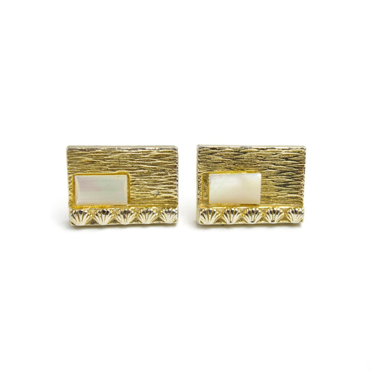 Vintage 1980s Mother of Pearl and Gold Tone Metal Shell Rectangle Cufflinks - 80 Gold White Shell Unisex Cufflinks - Fathers Day Gift