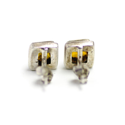 Vintage 1980s Amber and Sterling Silver Small Stud Earrings - Orange Amber, Silver Square Stud Pierced Earrings