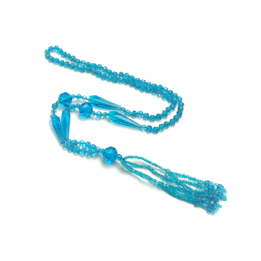 Vintage 1920s Turquoise Glass Bead Long Flapper Tassel Statement Costume 30" Necklace - 20s Bright Blue Beaded Necklace