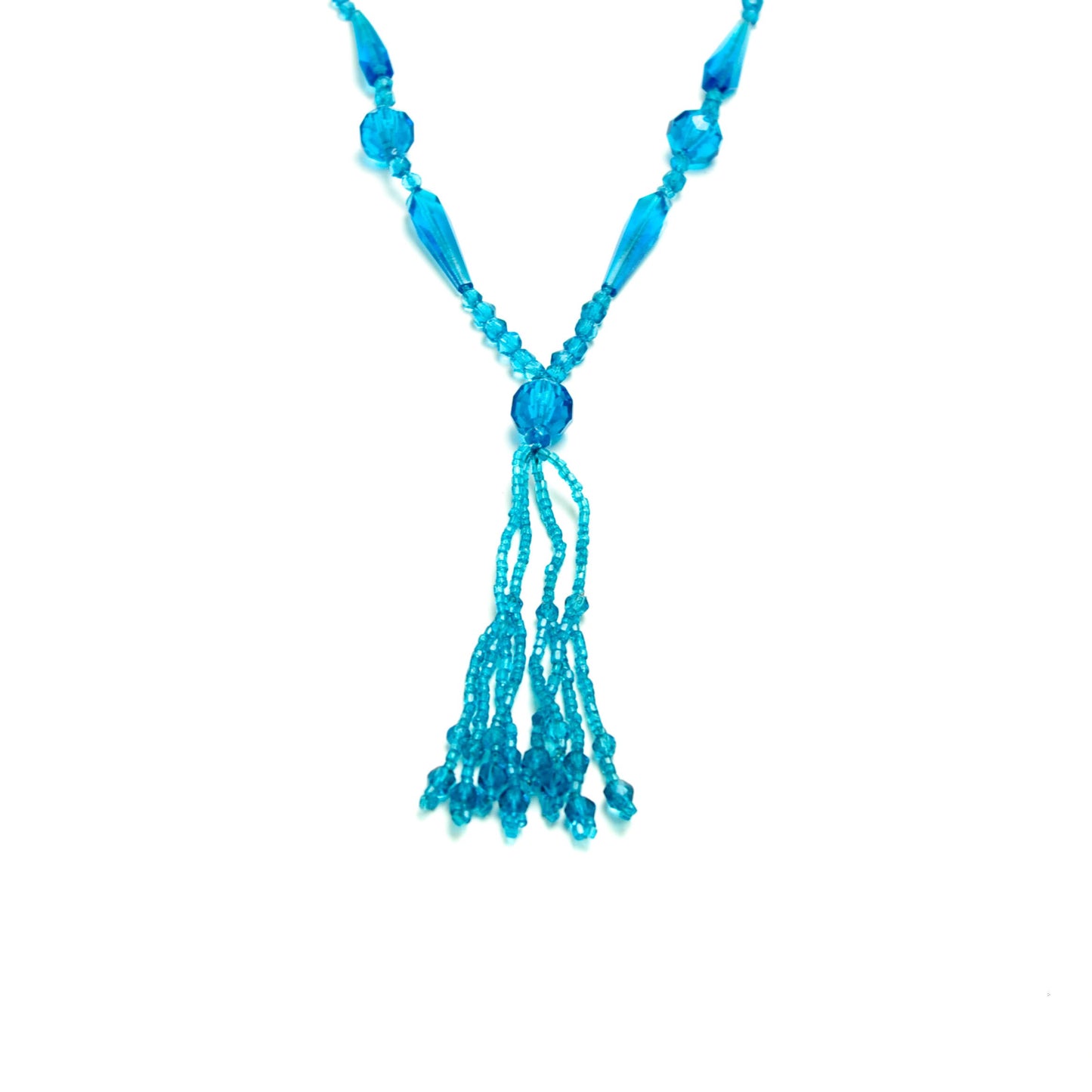 Vintage 1920s Turquoise Glass Bead Long Flapper Tassel Statement Costume 30" Necklace - 20s Bright Blue Beaded Necklace