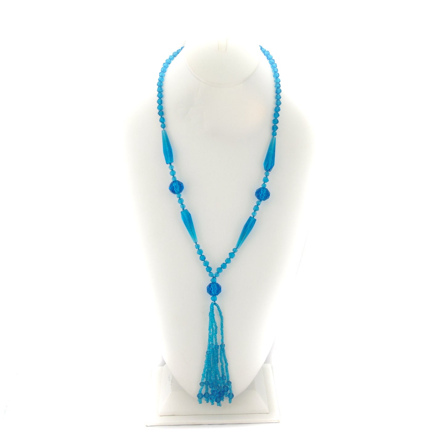 Vintage 1920s Turquoise Glass Bead Long Flapper Tassel Statement Costume 30" Necklace - 20s Bright Blue Beaded Necklace