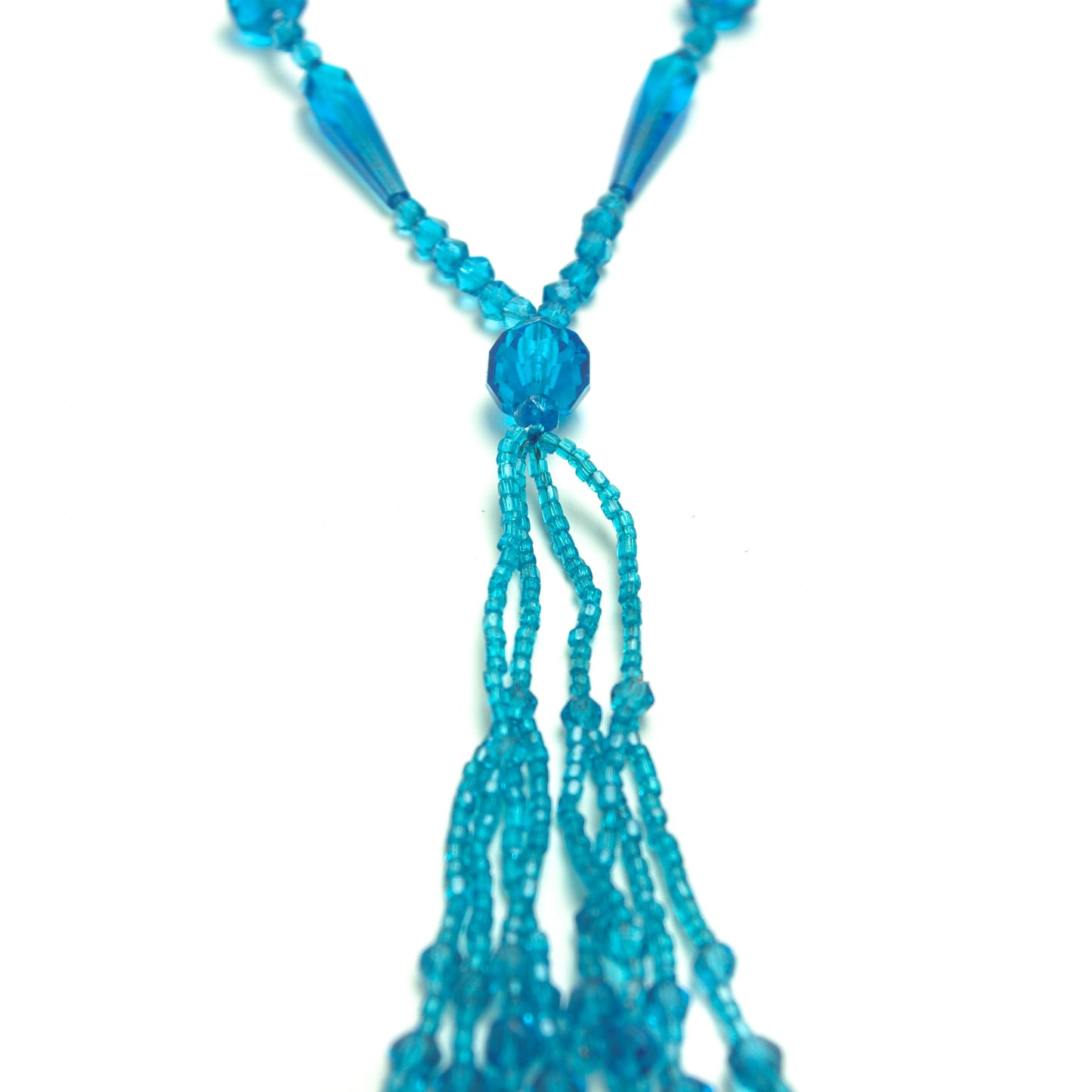 Vintage 1920s Turquoise Glass Bead Long Flapper Tassel Statement Costume 30" Necklace - 20s Bright Blue Beaded Necklace