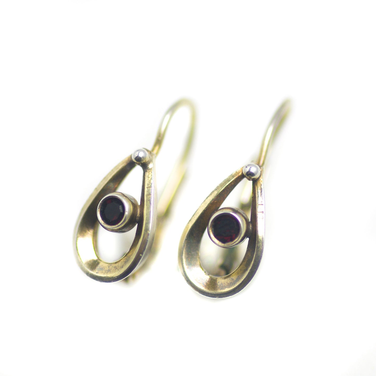 Vintage 1980s Bohemian Garnet and 900 Silver Gold Wash Pierced Small Earrings - 80s Red Czech Garnet Drop Earrings