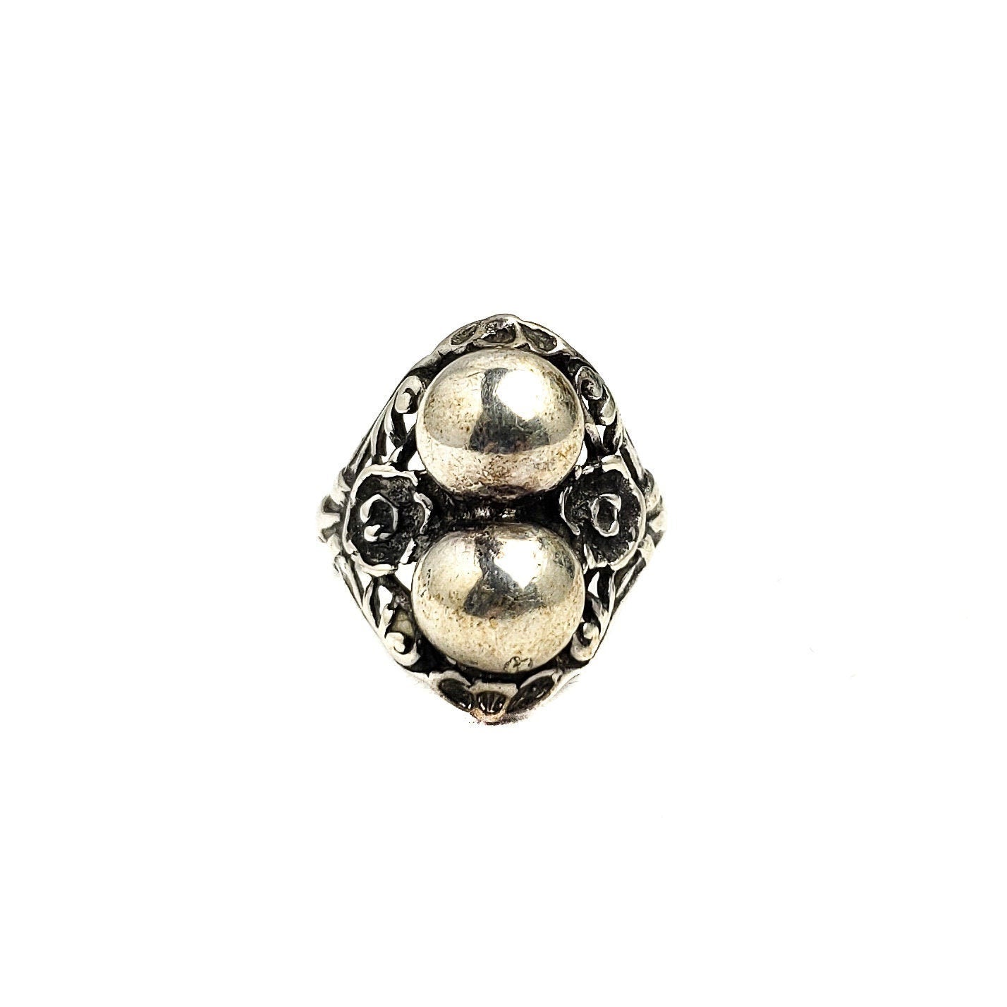 Vintage 1960s Sterling Silver Ball Ring - Silver Southwestern Rose Bead Ring Size 7.5 - Silver Flower Boho Ring