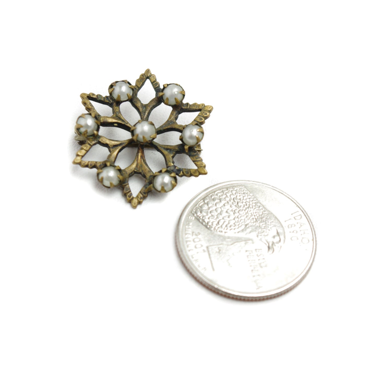 Antique 1900s Victorian Gold Filled and Imitation Pearl Snowflake Brooch - Imitation Pearl Victorian Flower Pin Brooch