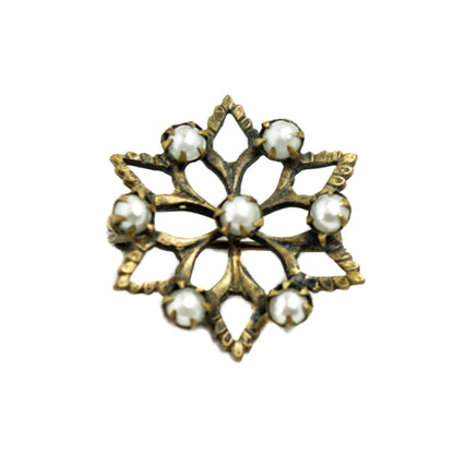 Antique 1900s Victorian Gold Filled and Imitation Pearl Snowflake Brooch