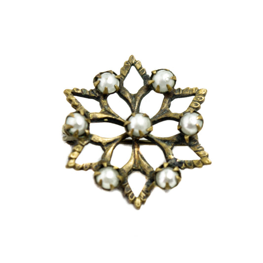 Antique 1900s Victorian Gold Filled and Imitation Pearl Snowflake Brooch - Imitation Pearl Victorian Flower Pin Brooch