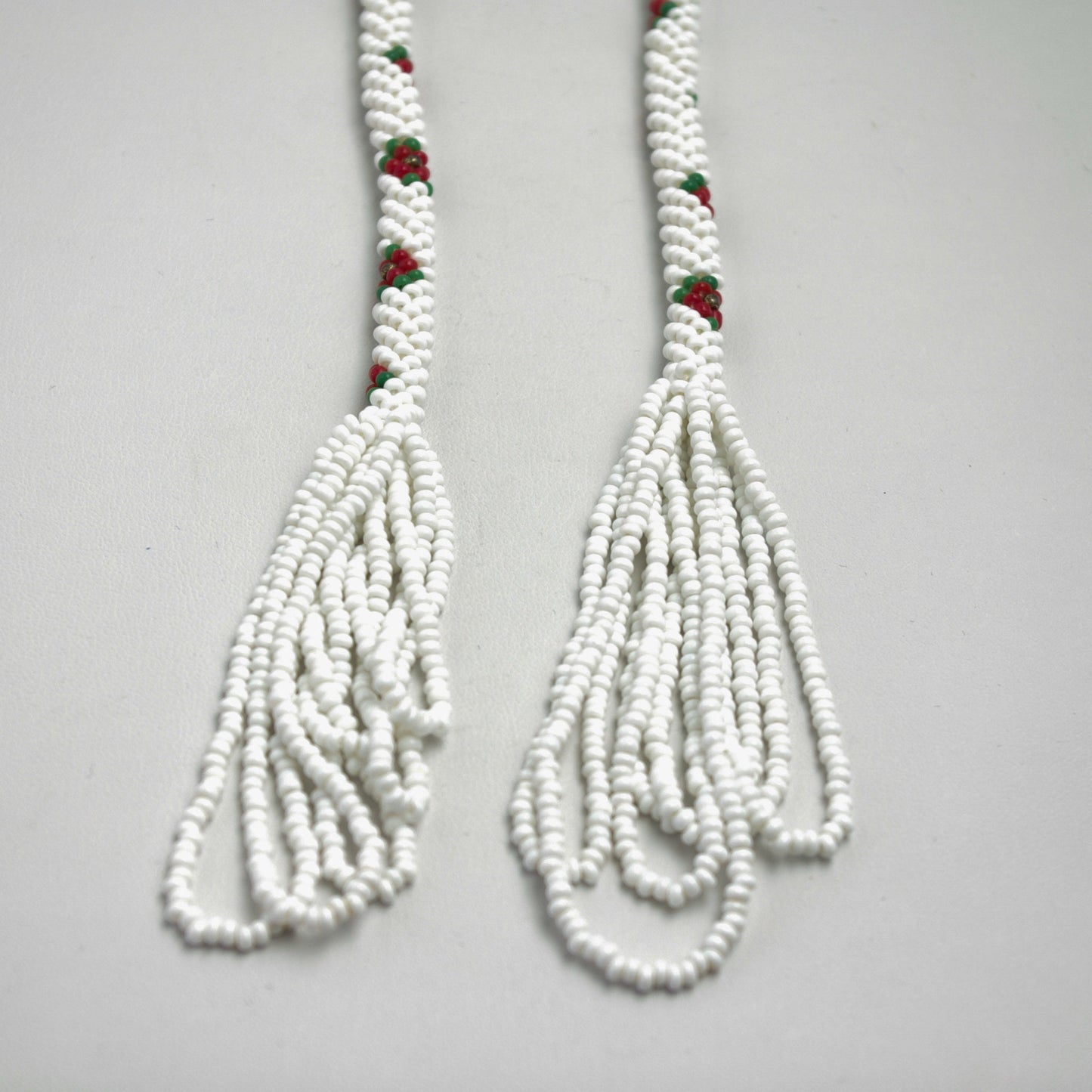 Vintage 1920s Art Deco White and Red Flower Seed Bead Long Tassel Rope 65" Necklace - 20s Deco Beaded Long Necklace