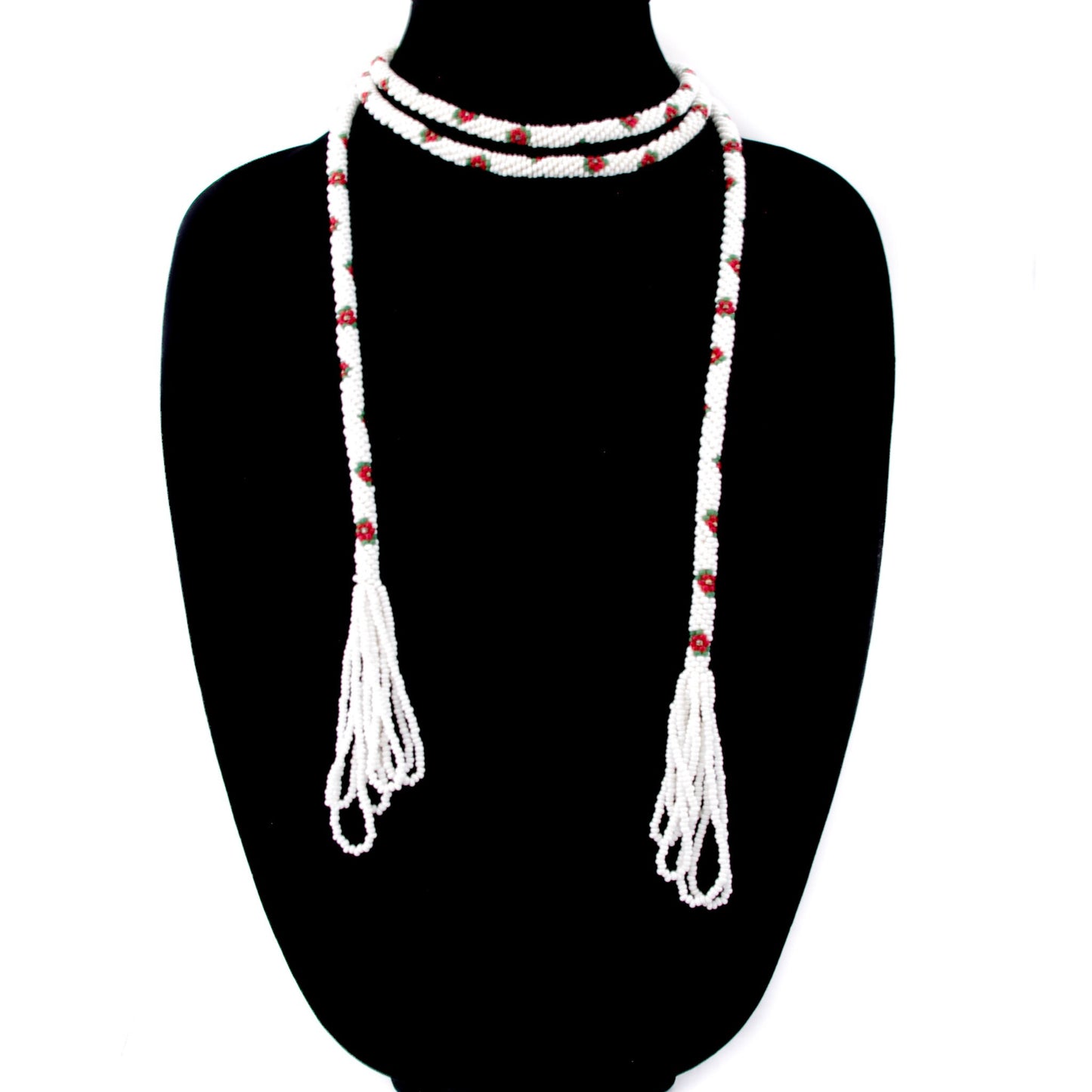 Vintage 1920s Art Deco White and Red Flower Seed Bead Long Tassel Rope 65" Necklace - 20s Deco Beaded Long Necklace