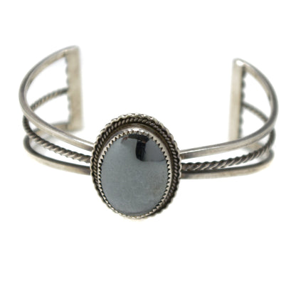 Vintage 1970s Hematite Cabochon Sterling  Silver Rope Native American Gemstone 6.5" Cuff Bracelet