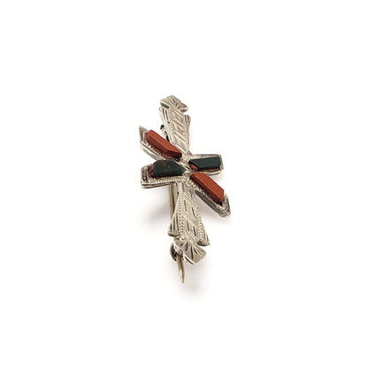 Antique 1900s Late Victorian Scottish Bloodstone, Jasper, Sterling Silver Brooch