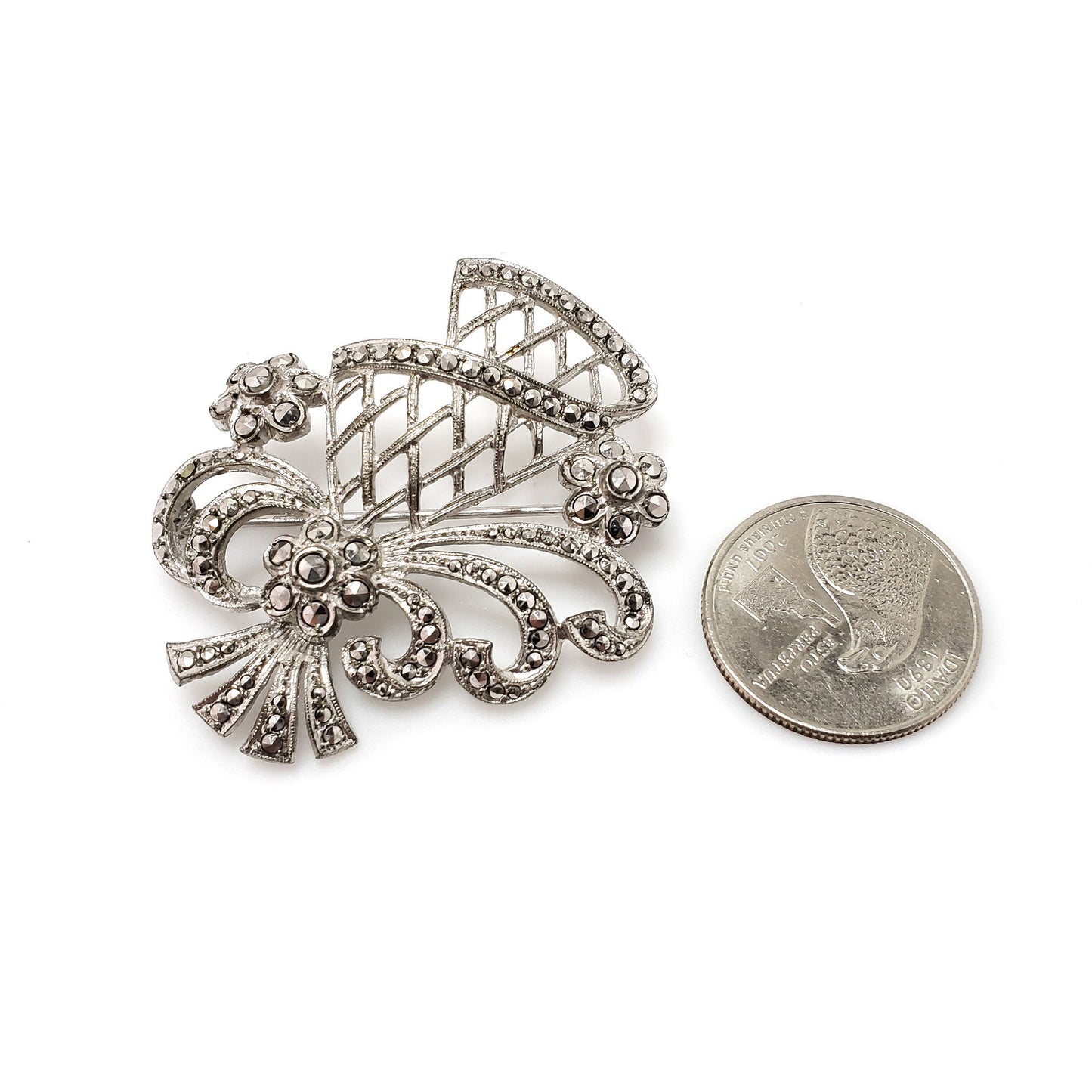 Antique 1920s Marcasite, Silver Brooch - Art Deco Austrian Marcasite and 835 Silver Floral Spray Figural Brooch - Deco Marcasite Pin