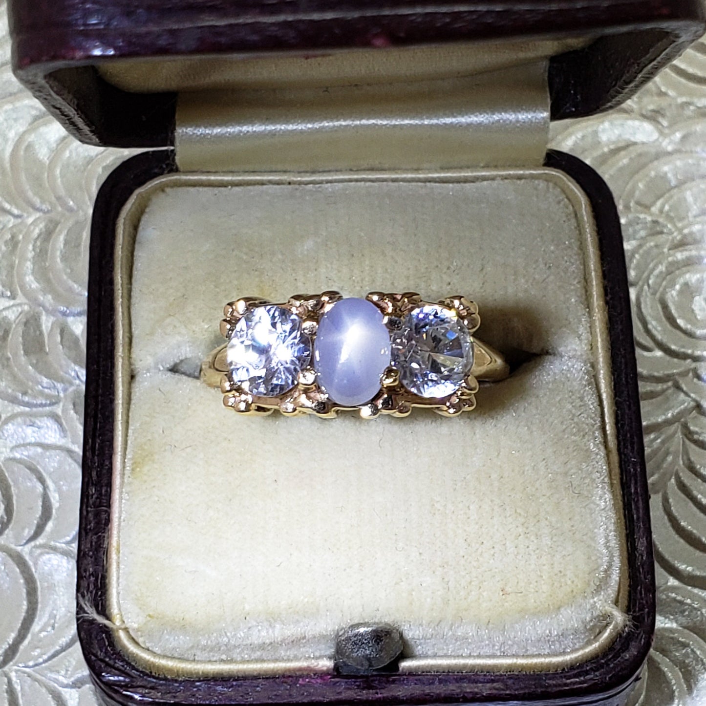 Vintage Zircon, Star Sapphire, Gold Ring - 1980s Natural Blue Star Sapphire, Zircon, and 14K Ring - Yellow Gold Three Stone Ring Size 7.75