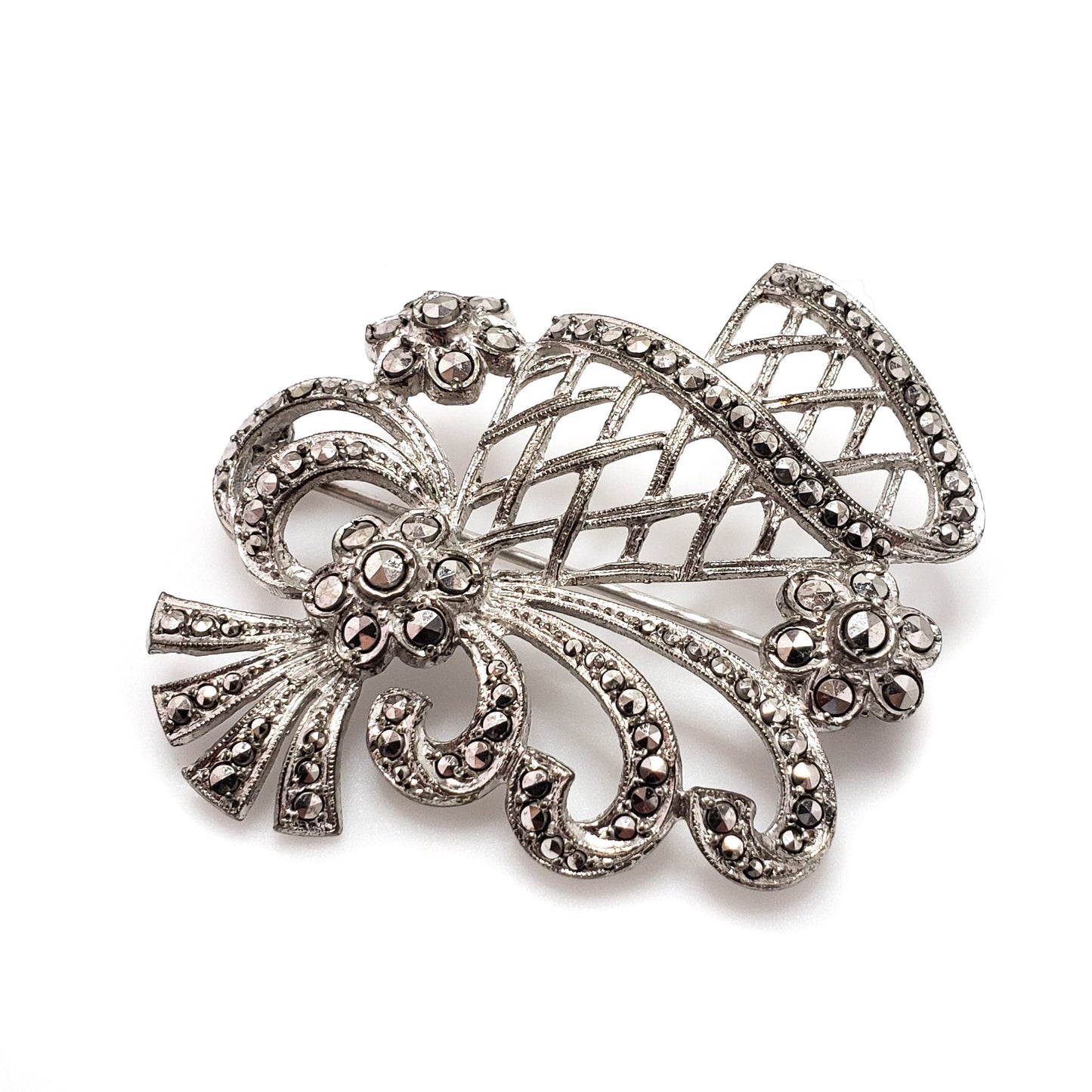 Antique 1920s Marcasite, Silver Brooch - Art Deco Austrian Marcasite and 835 Silver Floral Spray Figural Brooch - Deco Marcasite Pin