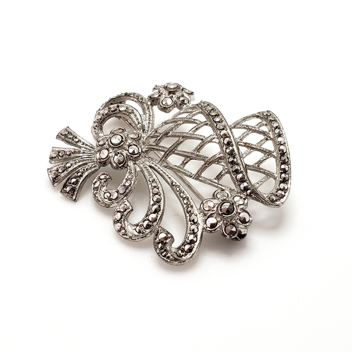 Antique 1920s Marcasite, Silver Brooch - Art Deco Austrian Marcasite and 835 Silver Floral Spray Figural Brooch - Deco Marcasite Pin