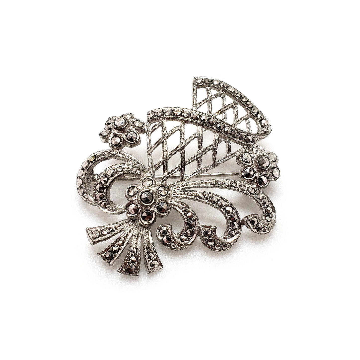 Antique 1920s Marcasite, Silver Brooch - Art Deco Austrian Marcasite and 835 Silver Floral Spray Figural Brooch - Deco Marcasite Pin