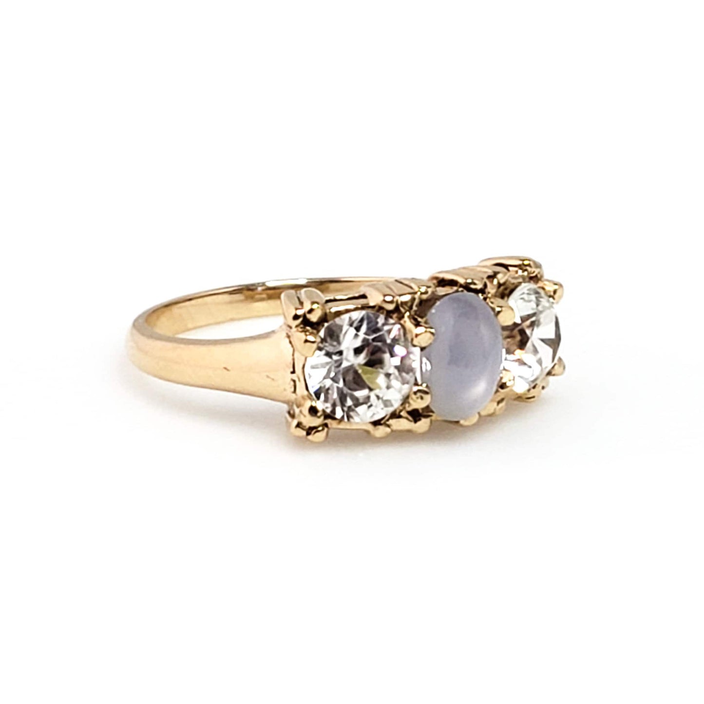 Vintage Zircon, Star Sapphire, Gold Ring - 1980s Natural Blue Star Sapphire, Zircon, and 14K Ring - Yellow Gold Three Stone Ring Size 7.75