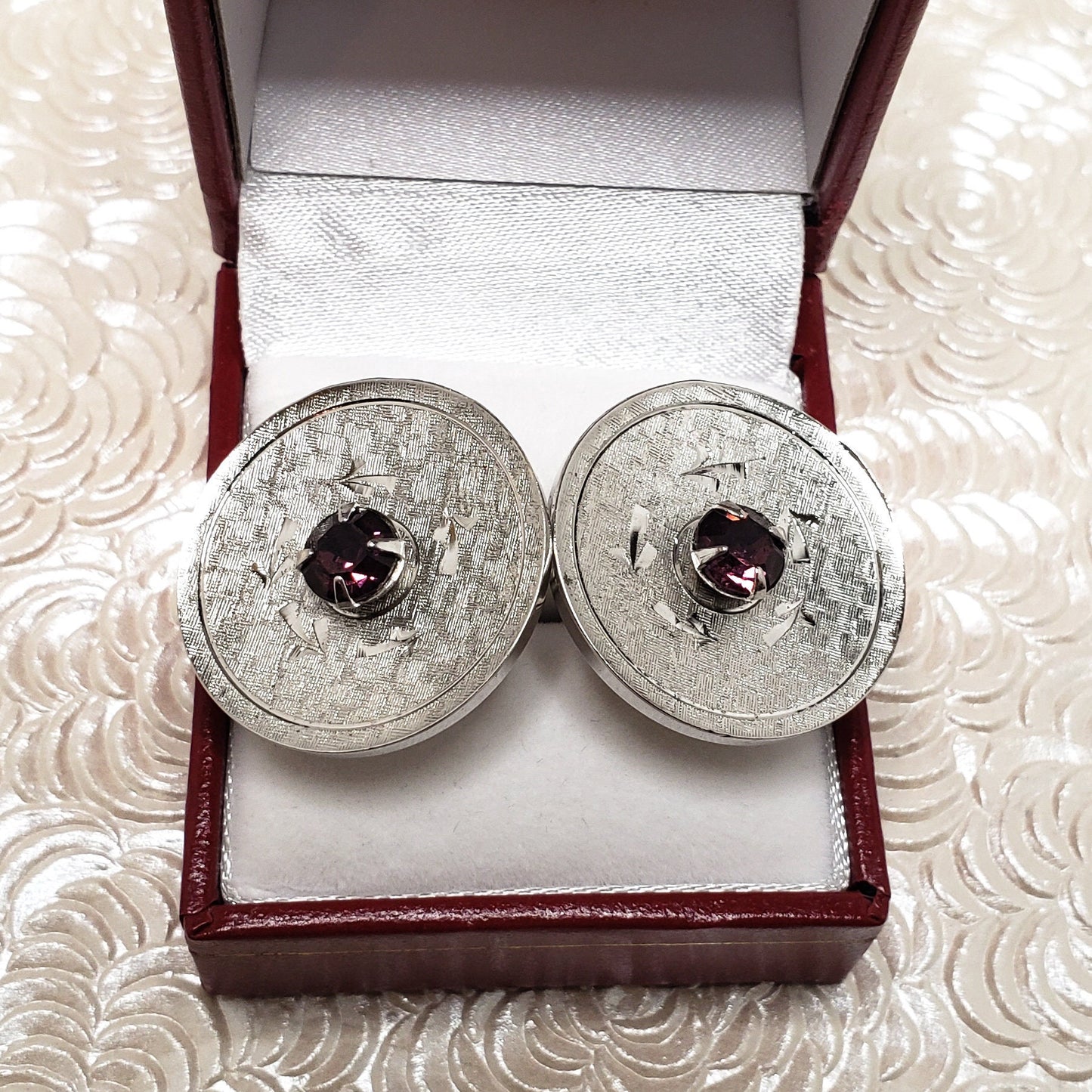 Vintage 1960s Purple Faceted Glass and Silver Tone Circular Etched Cuff Links - 60s Purple Silver Cufflinks - Fathers Day Gift