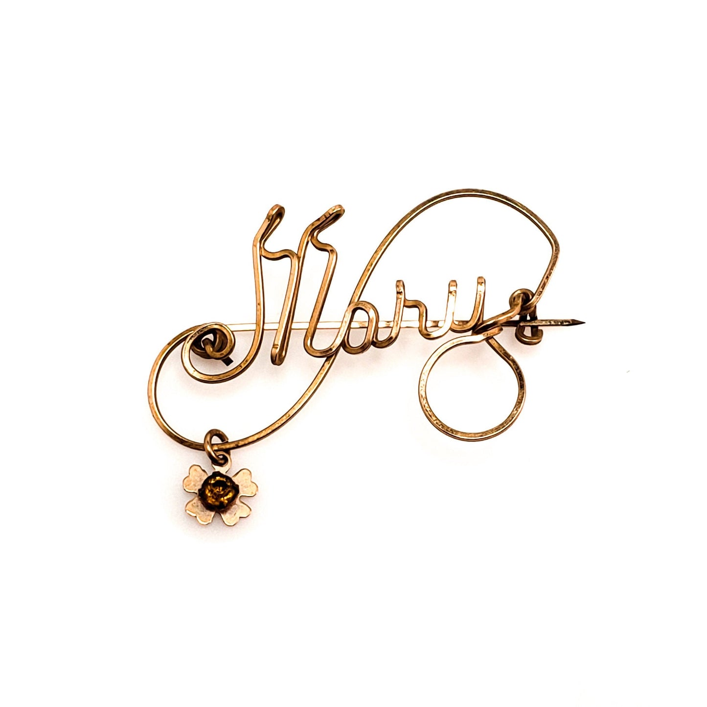 Vintage 1950s  Rose Gold Fill and Orange Rhinestone Mary Brooch - 50s Personalized  MARY Name Flower Wire Brooch - Vintage Name Brooch