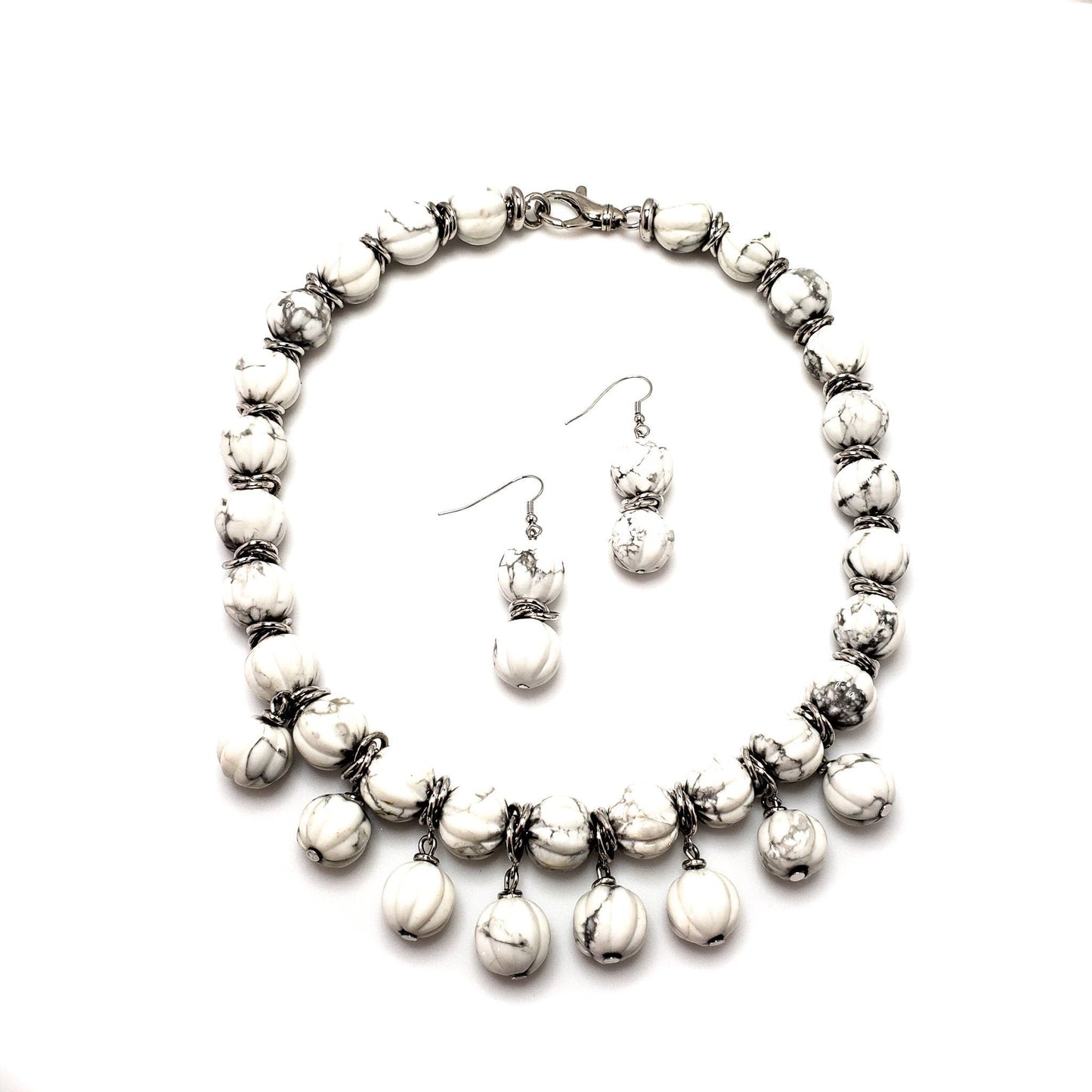 Vintage 1990s White Howlite Melon Bead Chunky Silver Tone Metal Necklace and Earring Set - 90s Large Statement White Jewelry Set