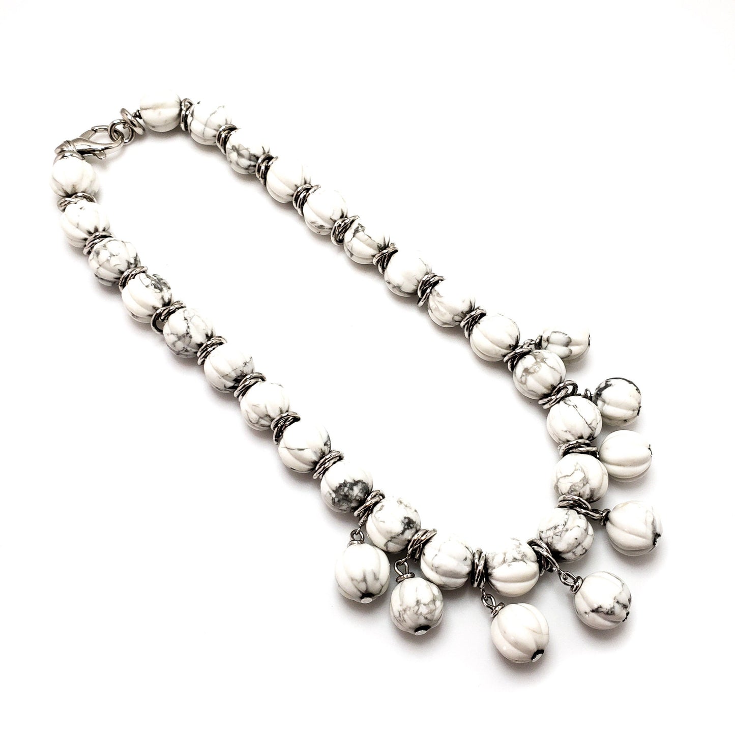 Vintage 1990s White Howlite Melon Bead Chunky Silver Tone Metal Necklace and Earring Set - 90s Large Statement White Jewelry Set