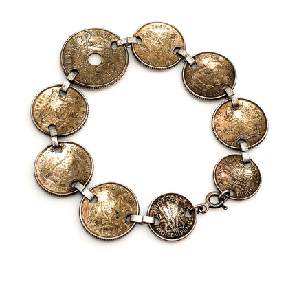 Vintage 1940s WWII Australian Coin Silver Shilling and Pence Bracelet - Vintage Old Coin Silver Link 7.5" Bracelet