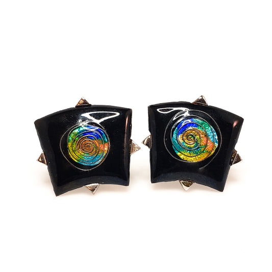 Vintage 1960s Art Glass and Silver Plate Statement Unisex Cuff Links - 60s Large Glass Rainbow Swirl Cufflinks - Colorful Cuff Links