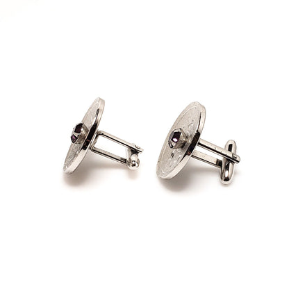 Vintage 1960s Purple Faceted Glass and Silver Tone Circular Etched Cufflinks