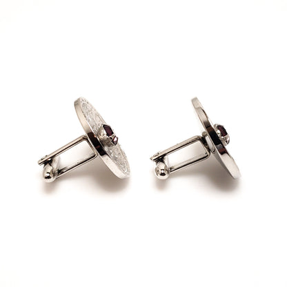 Vintage 1960s Purple Faceted Glass and Silver Tone Circular Etched Cufflinks
