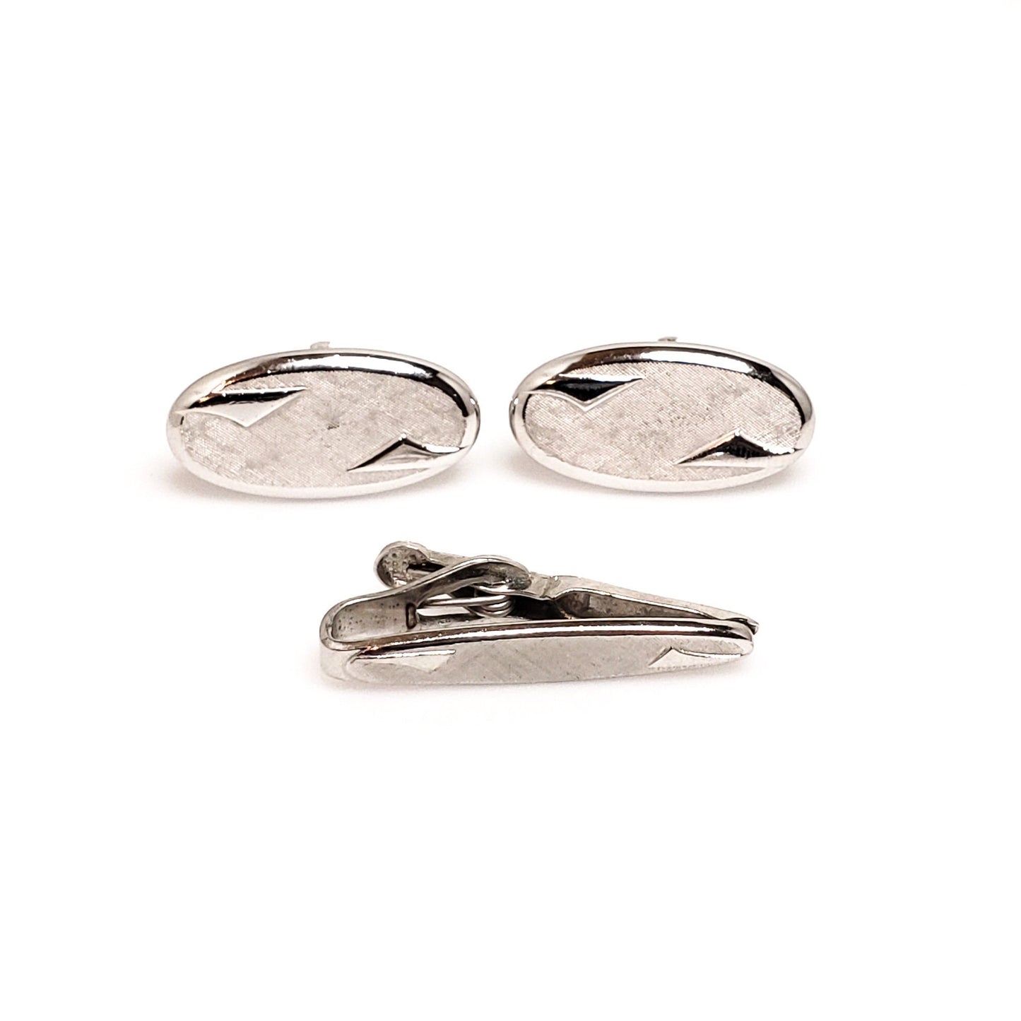 Vintage Silver Cufflinks and Tie Clip - 1960s SWANK Oval Mid Century Modern Silver Tone Cuff Link and Tie Clip Set - Silver Suit and Tie Set