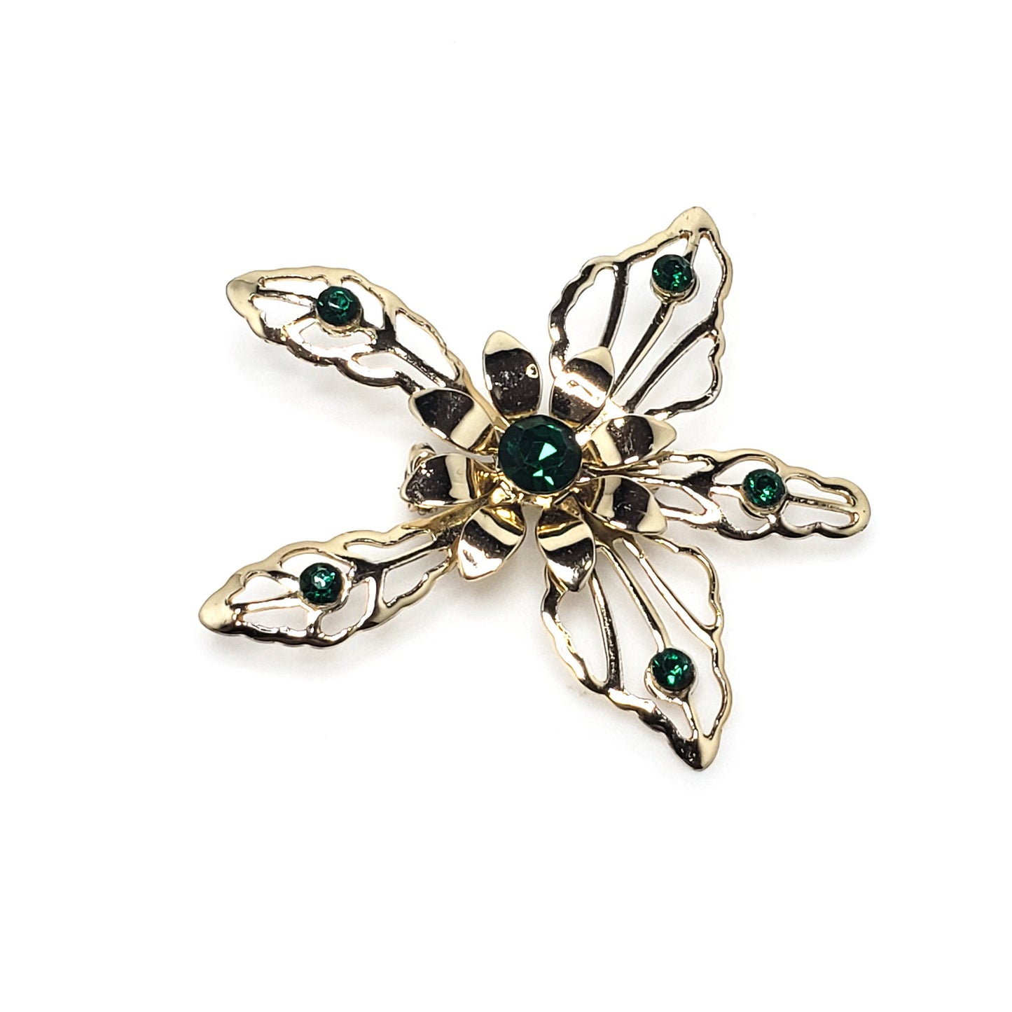 Sale - Vintage Large Green Brooch - Green Rhinestone Costume Brooch - Gold Tone Flower 1980s Pin