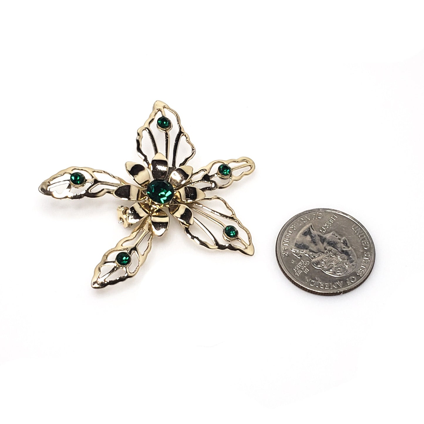 Sale - Vintage Large Green Brooch - Green Rhinestone Costume Brooch - Gold Tone Flower 1980s Pin