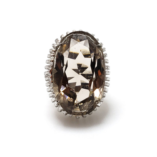 Vintage 1960s 18-Carat Oval Cut Smoky Quartz and Silver Large Cocktail Statement Ring Size 7 - 60s Large Brown Smoky Quartz Silver Ring