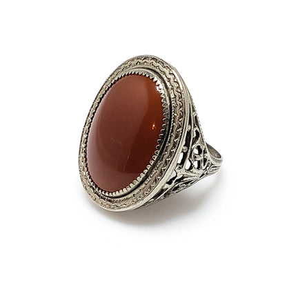 Antique 1920s NEMCO Art Deco Brownish Red Glass and Silver Plate Filigree Ring Size 4.75 - 20s Deco Brown, Silver Large Ring