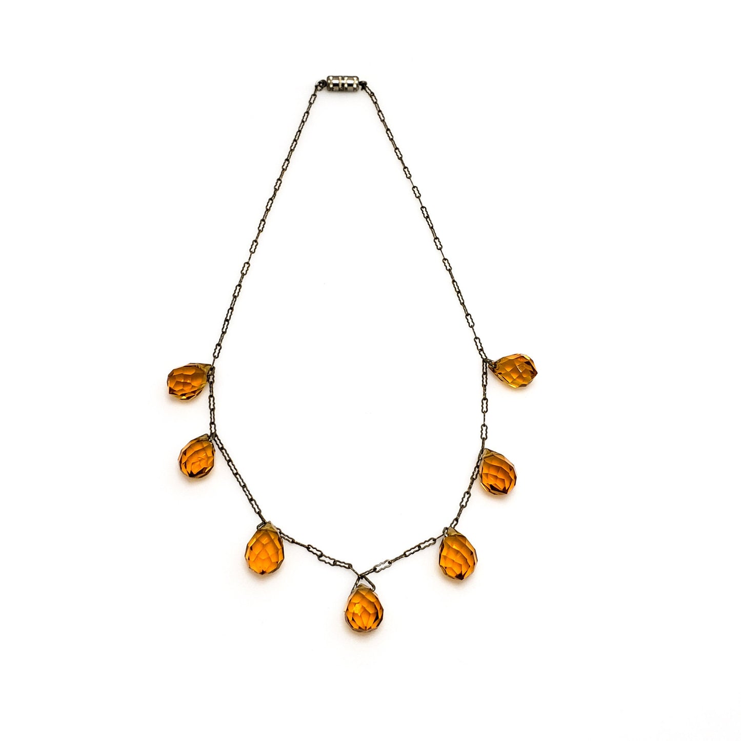 Vintage 1930s Art Deco Orange Briolette Glass and Brass Choker 15.5" Necklace - 30s Orange Deco Necklace