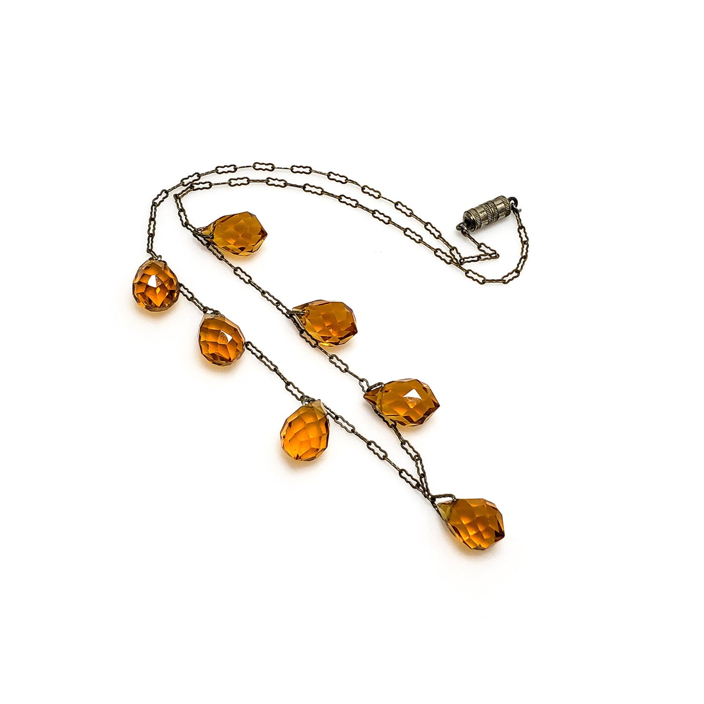 Vintage 1930s Art Deco Orange Briolette Glass and Brass Choker 15.5" Necklace - 30s Orange Deco Necklace