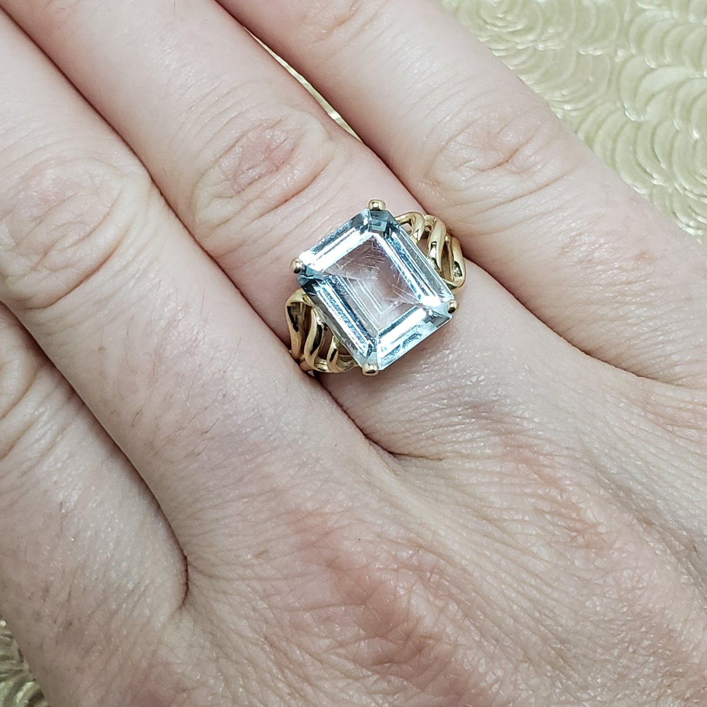 Vintage 1980s 5.11-Carat Natural Emerald Cut Aquamarine and 14K Yellow Gold Solitaire Ring Size 6 - Vintage Blue Gemstone Ring