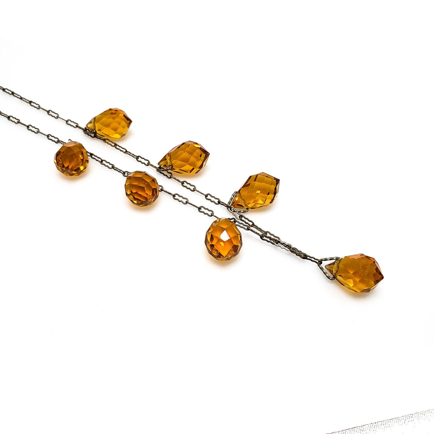 Vintage 1930s Art Deco Orange Briolette Glass and Brass Choker 15.5" Necklace - 30s Orange Deco Necklace