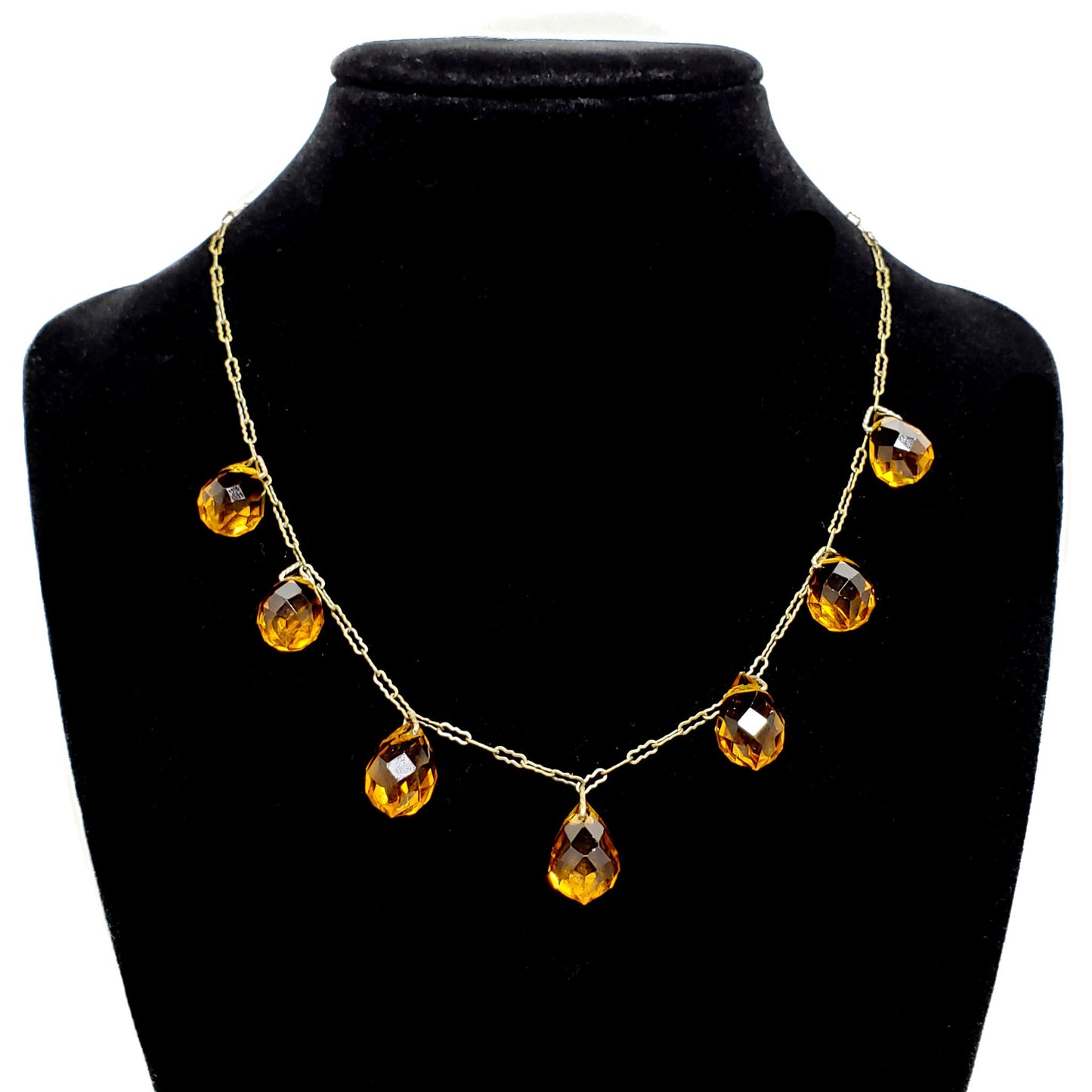 Vintage 1930s Art Deco Orange Briolette Glass and Brass Choker 15.5" Necklace - 30s Orange Deco Necklace