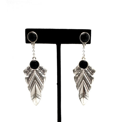 Vintage Onyx and Silver Plate Earrings - 1990s Black Onyx Large Dangle Statement Earrings - Pierced Onyx Earrings Boho